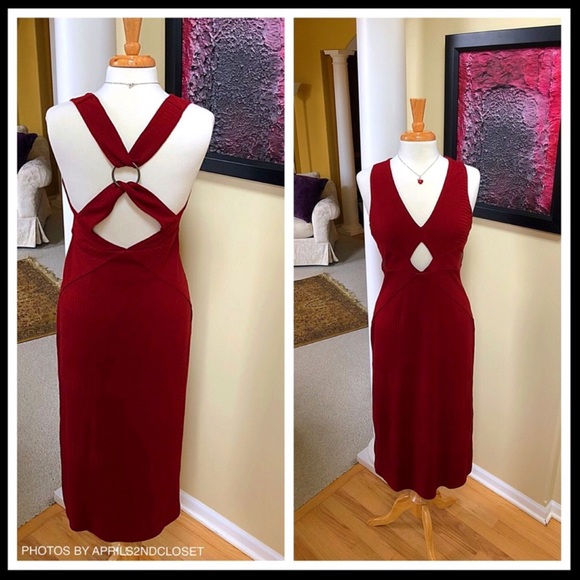 FREE PEOPLE RED MIDI DRESS Crisscross Open Back - Picture 2 of 8